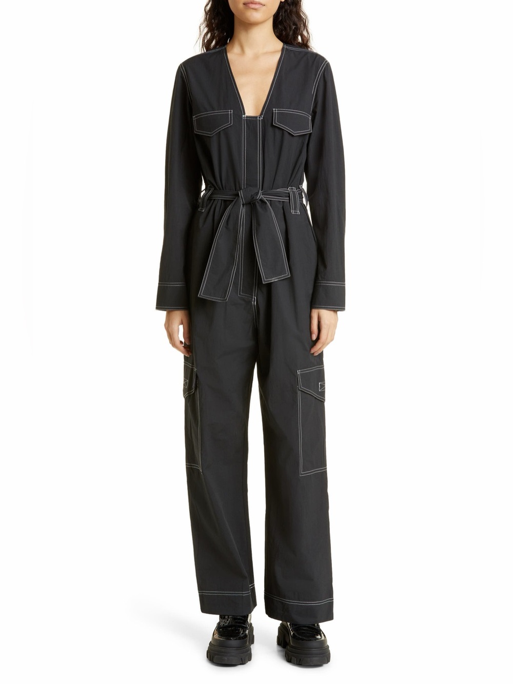 NWOT GANNI Topstitch Utility Jumpsuit in black